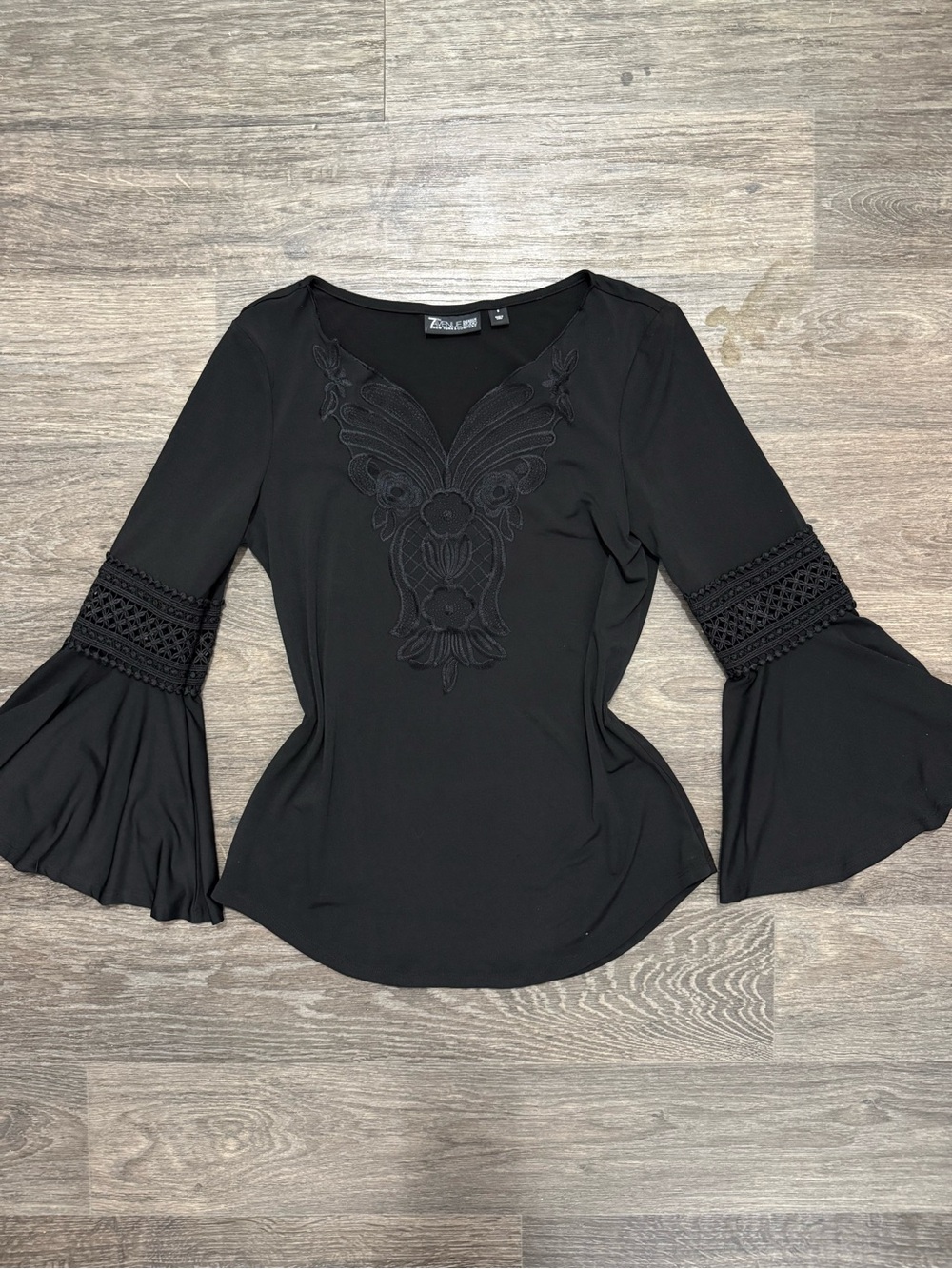 Ladies Black Bell-Sleeve Embroidered V-Neck Blouse